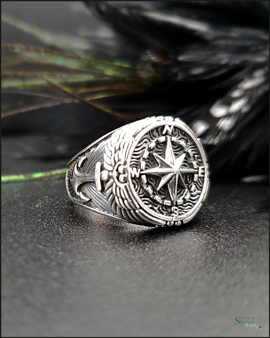 Sterling Silver Oxidized Compass and Anchor Ring