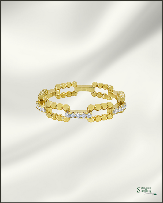 Sterling Silver Bead Ring Band with Cubic Zirconia in Gold