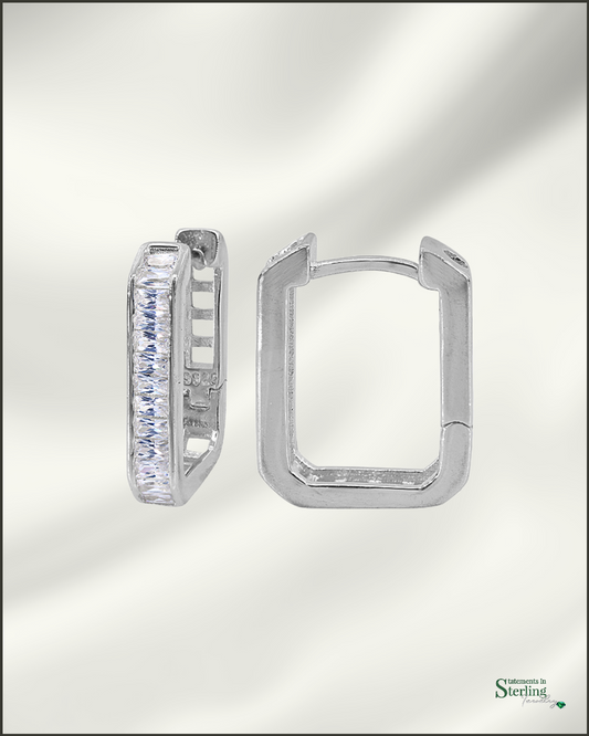 Sterling Silver Squared Hoop Earrings with Cubic Zirconia in Rhodium