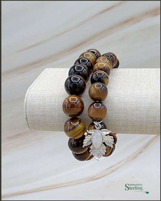 Gemstone and Sterling Silver Beaded Leaf Bracelet Set in Tiger Eye