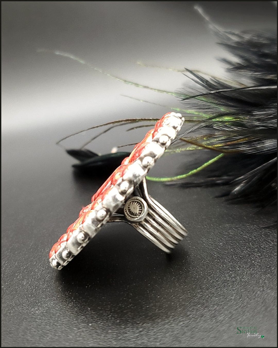 Red Spiny Oyster and Sterling Silver Cluster Ring by Tyler Brown