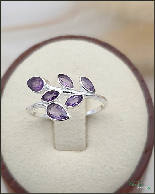 Gemstone and Sterling Silver Leaves Ring in Amethyst