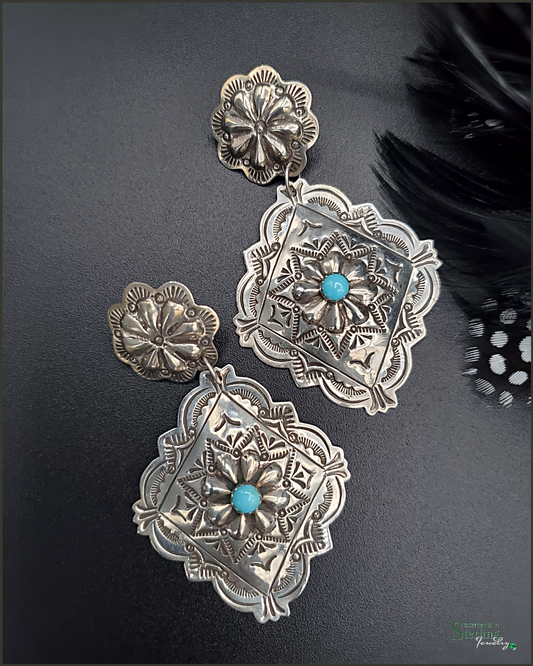 Kingman Turquoise and Sterling Silver Concho Earrings by Genevieve Blackgoat