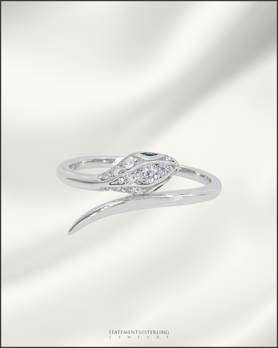 Sterling Silver Serpent Ring with Cubic Zirconia in Rhodium