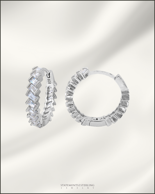 Sterling Silver Petite Hoop Earrings with Cubic Zirconia in Rhodium