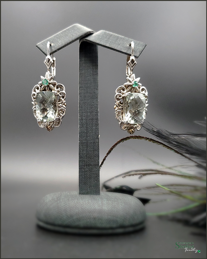 Vintage Prasiolite, Zambian Emerald and Sterling Silver Victorian Earrings