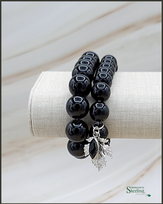 Gemstone and Sterling Silver Beaded Leaf Bracelet Set in Black Obsidian