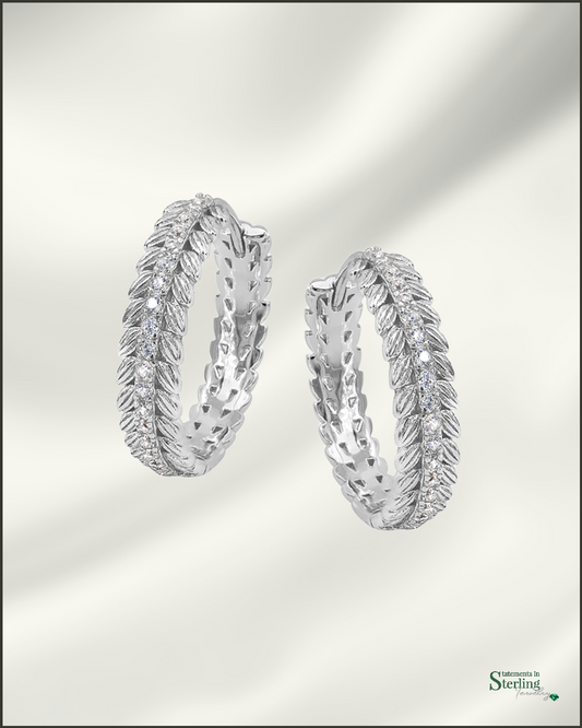 Sterling Silver Cubic Zirconia Leaf Hoop Earrings in Rhodium