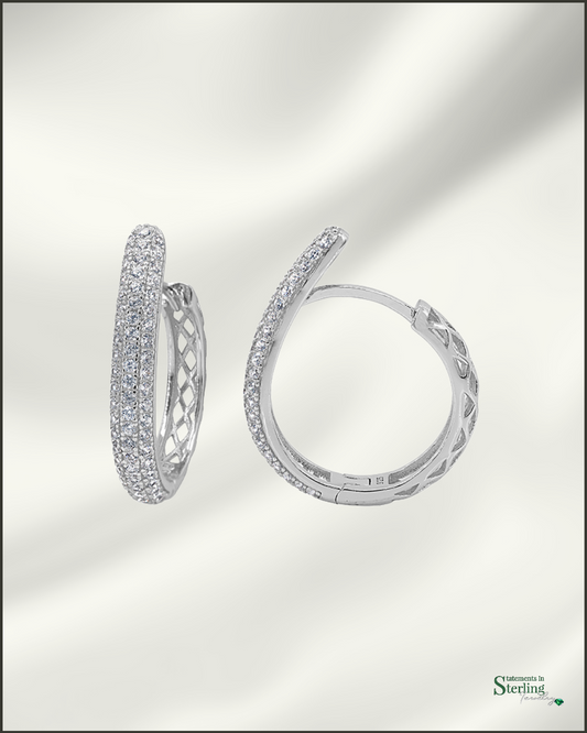 Sterling Silver Pave Hoop Earrings in Rhodium