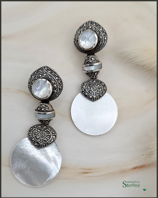 Blister Pearl, Moonstone, Marcasite and Sterling Silver Earrings