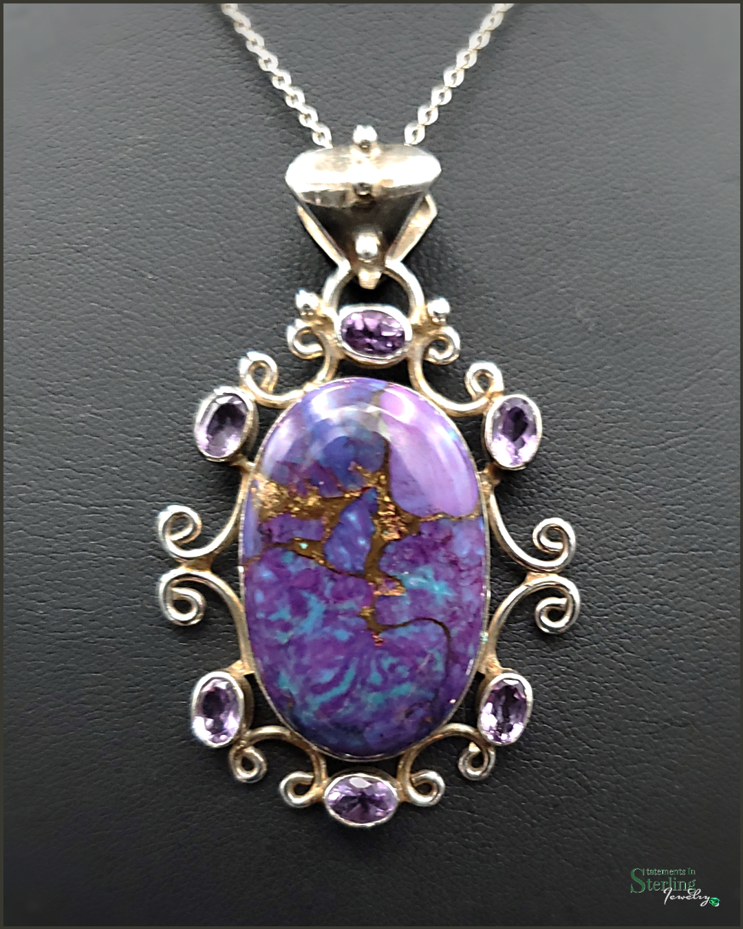 Vintage Purple Copper Turquoise, Amethyst and Sterling Silver Pendant