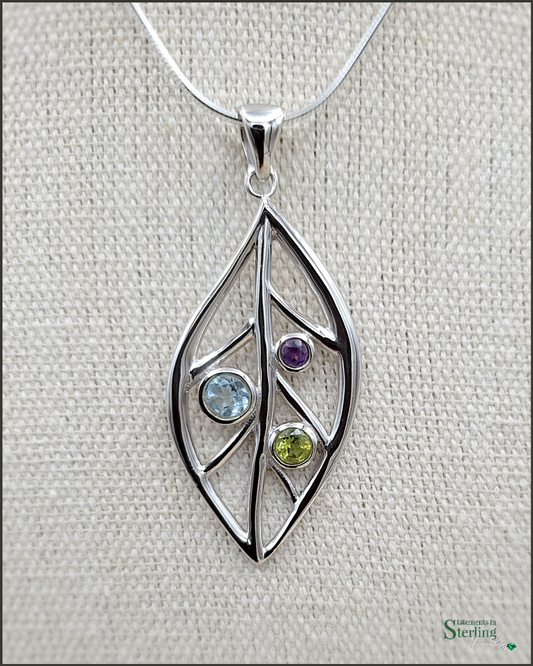 Sterling Silver Leaves Pendant in Multi-gem