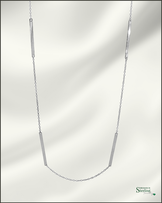 Sterling Silver Bar Station Long Necklace in Rhodium