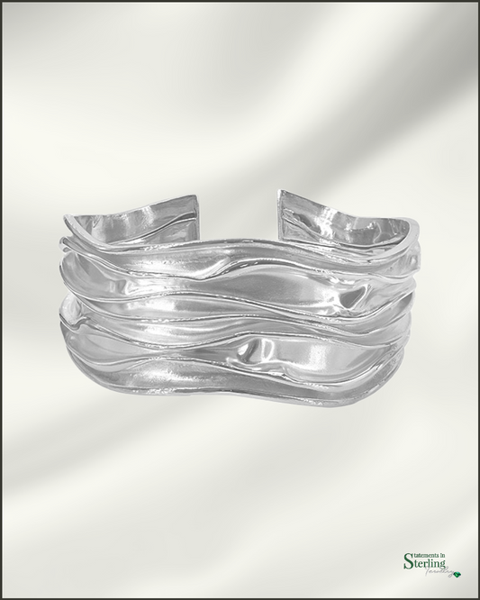 Sterling Silver Crinkle Cuff Wave Bracelet in Polished