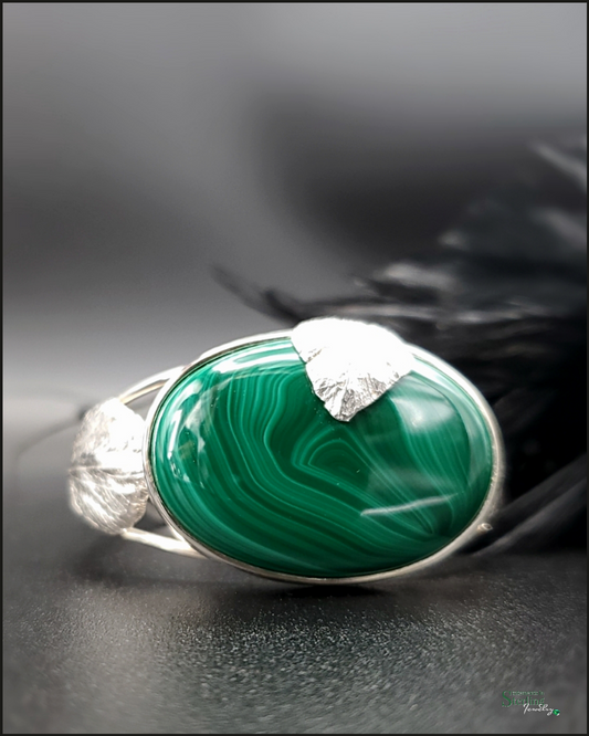 Malachite And Sterling Silver Leaves Cuff Bracelet