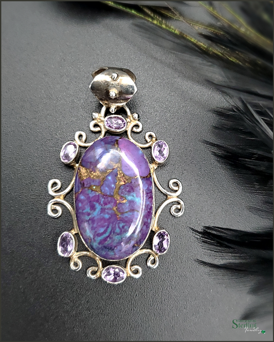 Vintage Purple Copper Turquoise, Amethyst and Sterling Silver Pendant