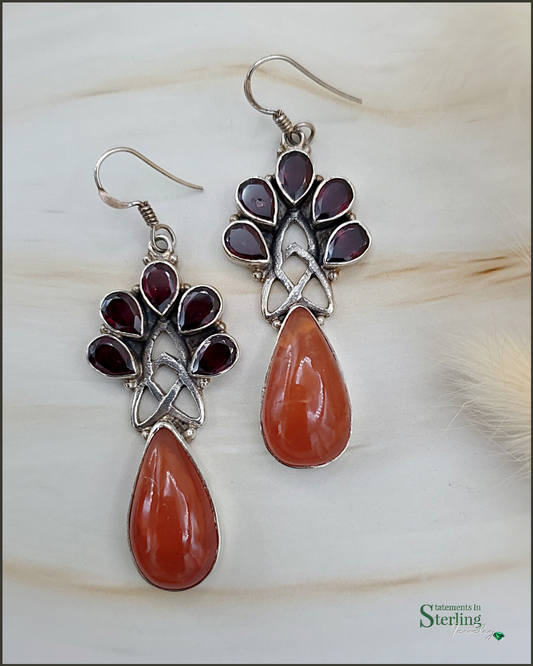 Carnelian, Garnet and Sterling Silver Dangle Earrings