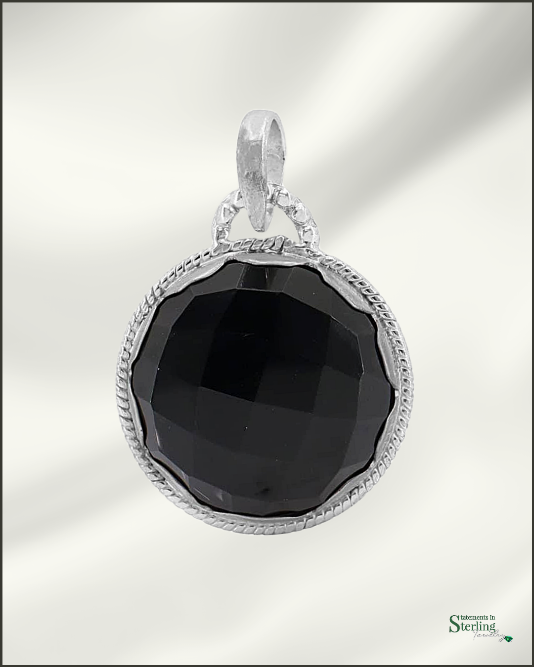 Black Onyx and Sterling Silver Round Pendant