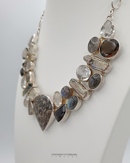 Crinoid Fossil and Multi Gemstone Sterling Silver Stunner Necklace