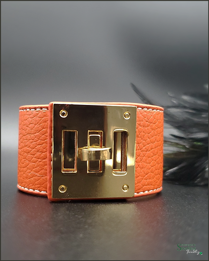 Kelly Style Lock Bracelet in Orange Vegan Leather