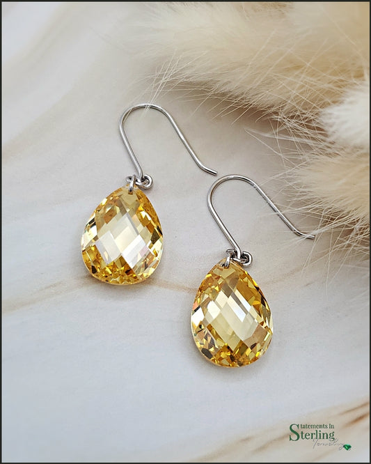 Yellow Quartz and Sterling Silver Teardrop Earrings