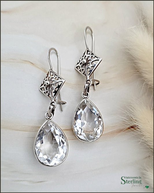 Clear Quartz and Sterling Silver Pear Drop Earrings