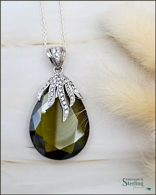 Olive Green Peridot and White Topaz  Sterling Silver Teardrop Pendant