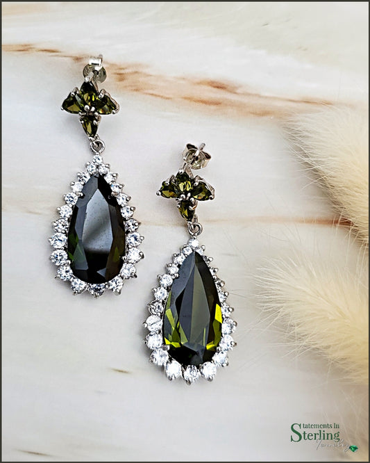 Olive Green Peridot, White Topaz and Sterling Silver Teardrop Earrings