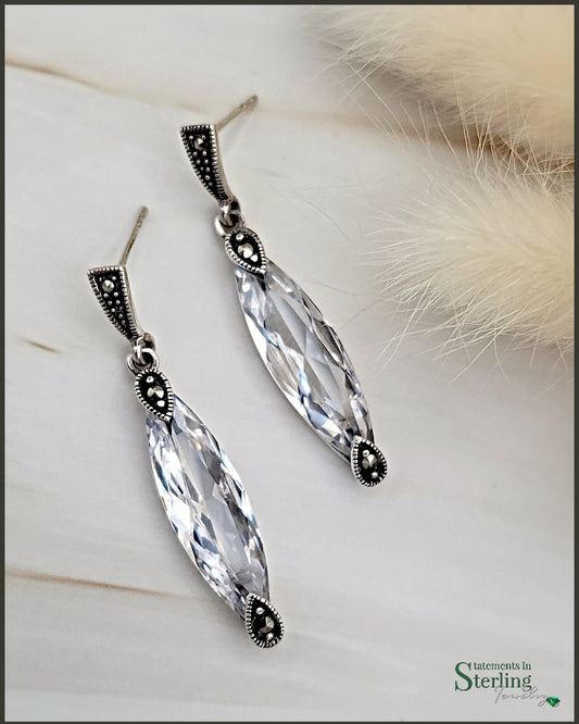 White Topaz, Marcasite and Sterling Silver Earrings