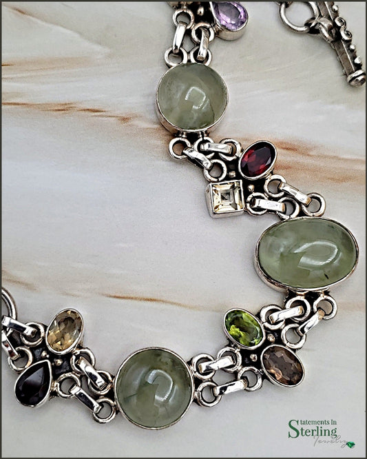 Moss Prehnite and Multi-Gem Sterling Silver Bracelet