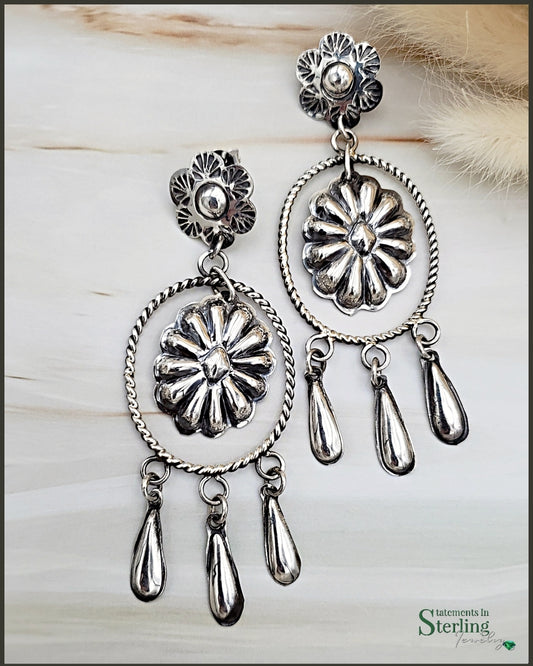 Navajo Flower Concho Sterling Silver Earrings by Tim Yazzie