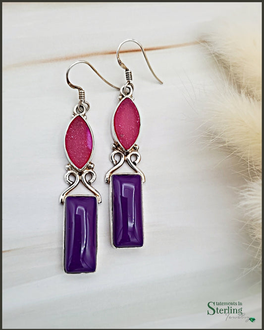 Pink Druzy, Purple Agate and Sterling Silver Drop Earrings