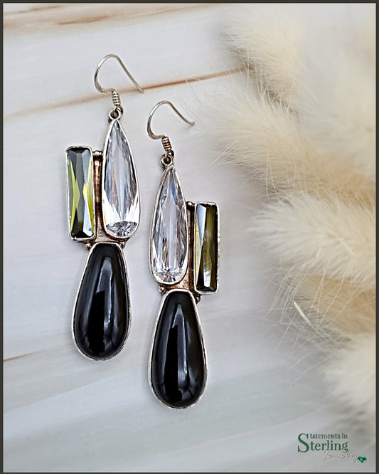 Black Onyx, Peridot and White Topaz Sterling Silver Drop Earrings