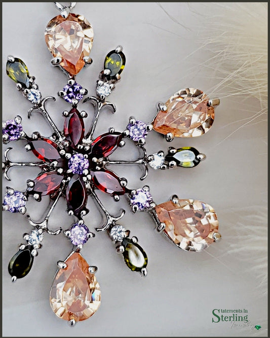 Multi-Gemstone and Sterling Silver Snowflake Pendant