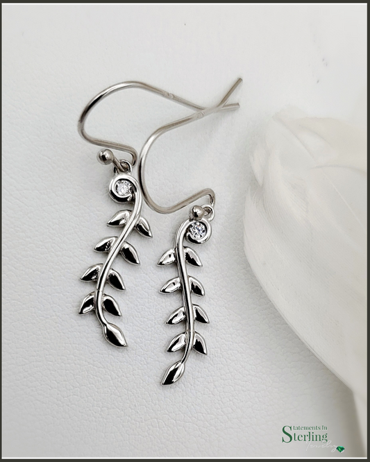 Sterling Silver Olive Leaf Earrings with Cubic Zirconia Accents