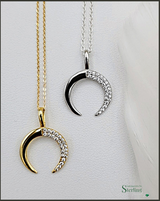 Delicate Sterling Silver Crescent Moon Necklace in Gold with Cubic Zirconia