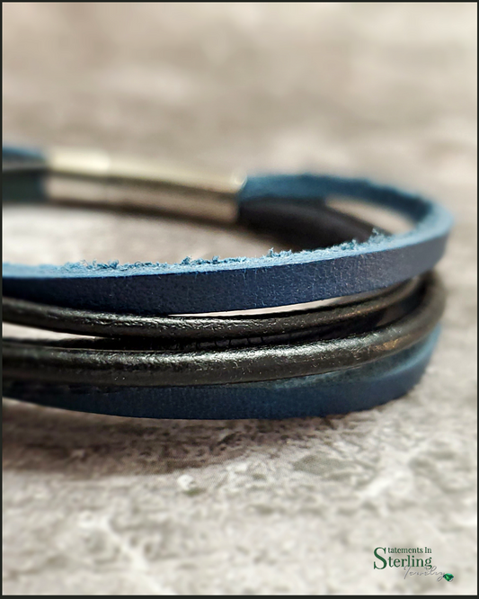 Rimanchik XYZ Leather and Stainless Steel Bracelet in Blue Leather