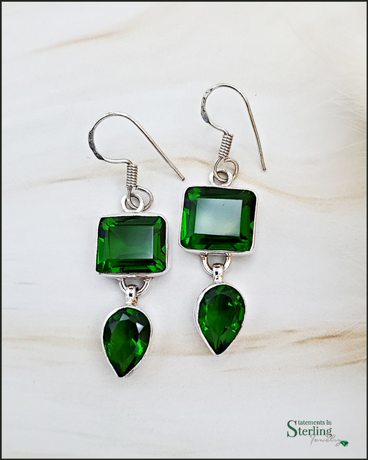 Chrome Diopside and Sterling Silver Two Stone Drop Earrings