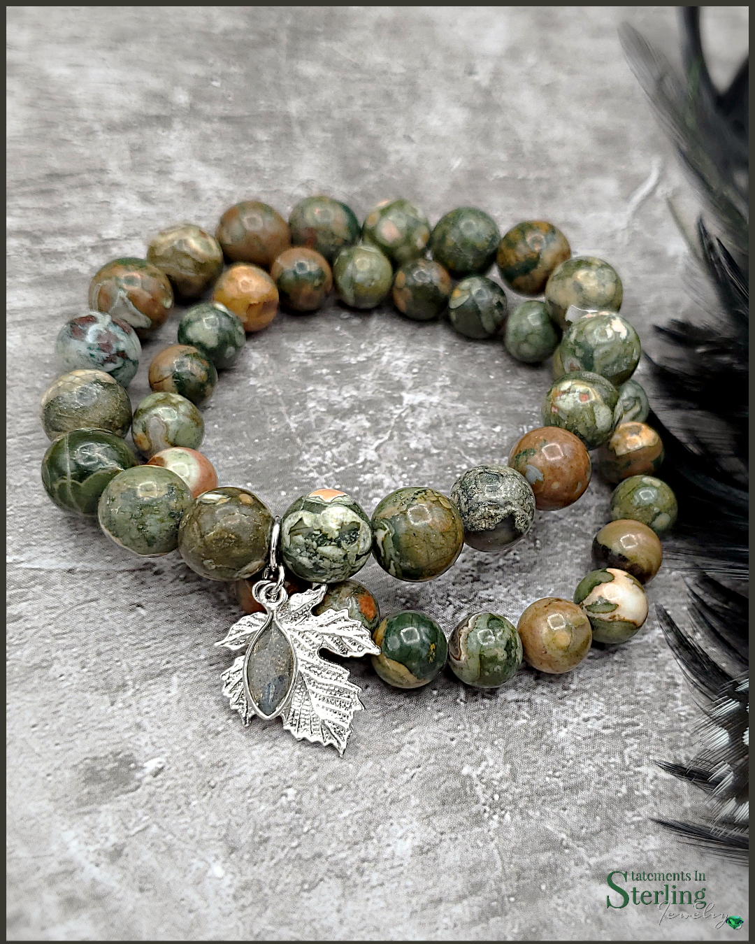 Gemstone and Sterling Silver Beaded Leaf Bracelet Set in Rainforest Jasper